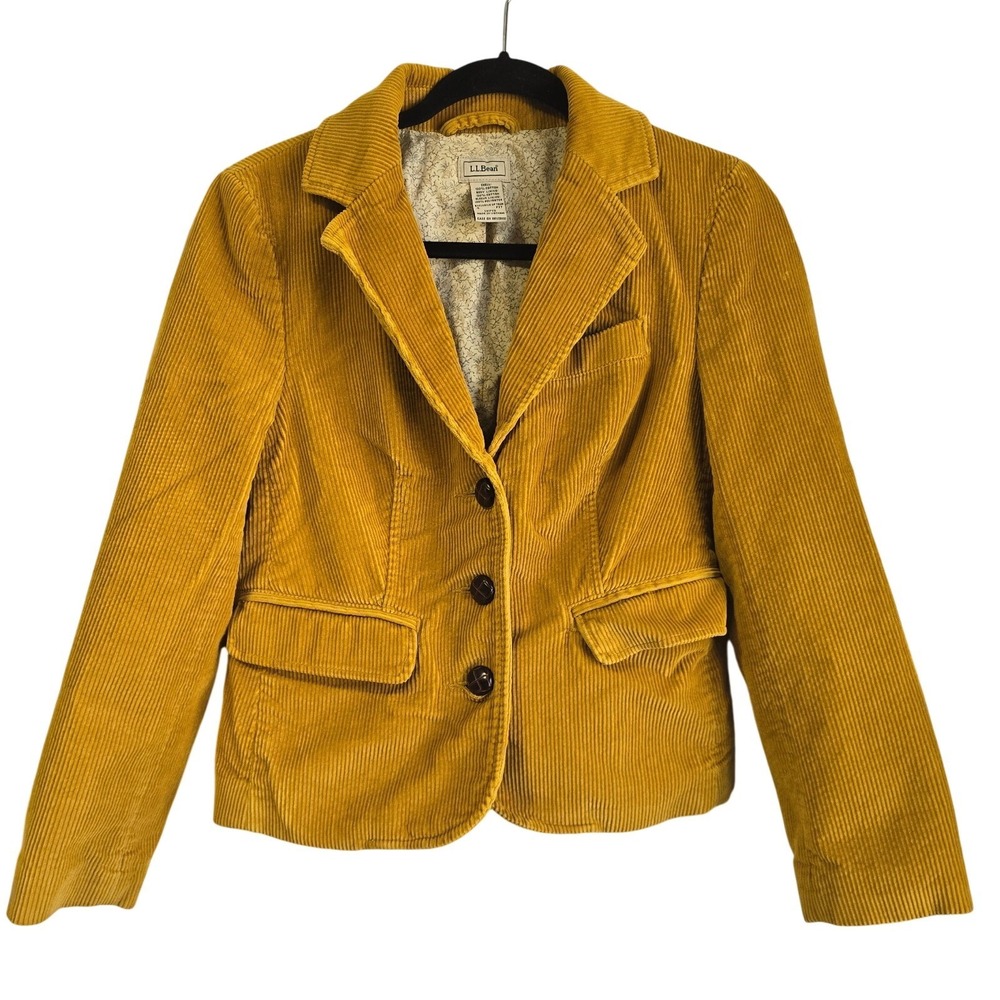 LL Bean Mustard Yellow Corduroy Blazer Jacket Petite 4 Floral Lining OHPY9